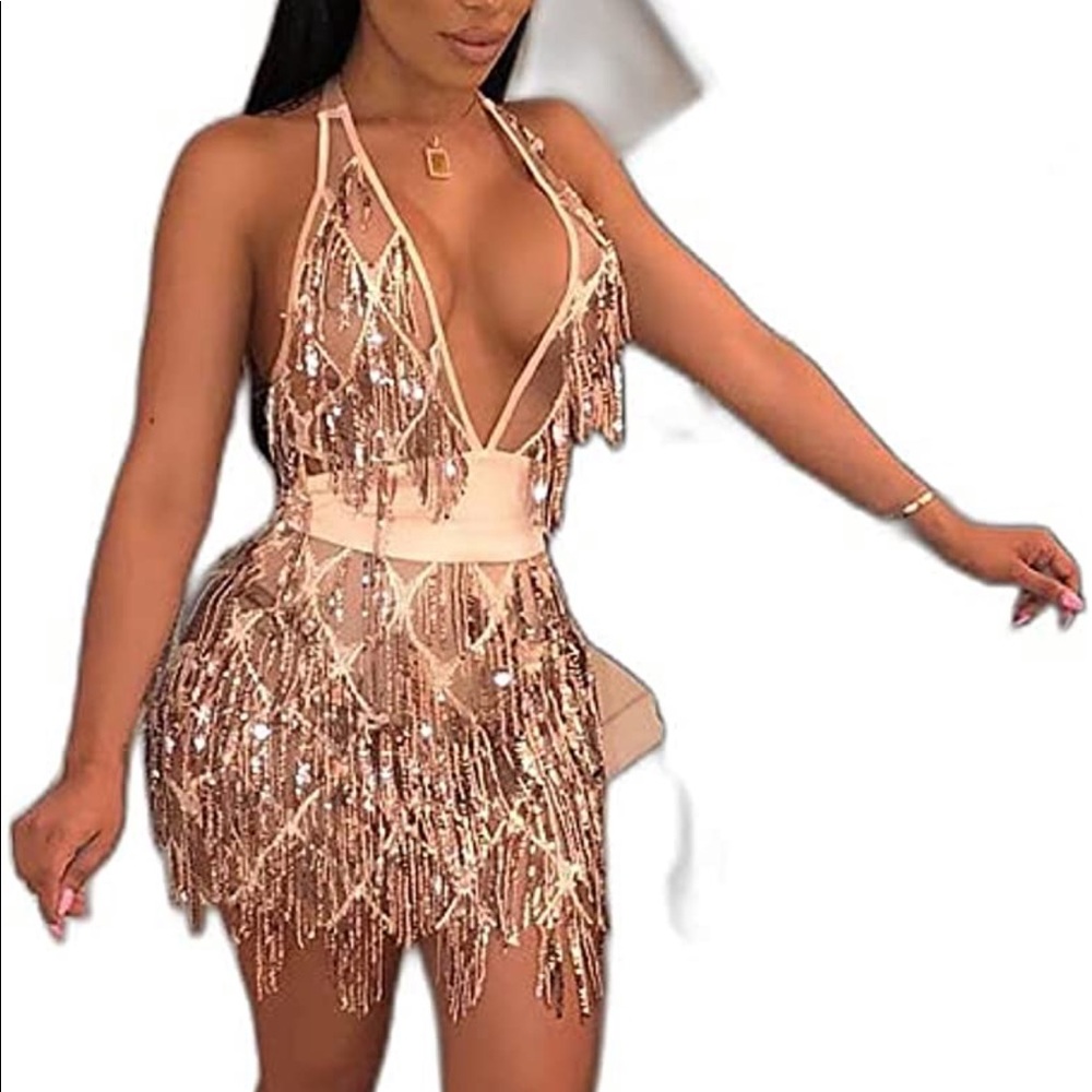 Fringe cream mesh dress